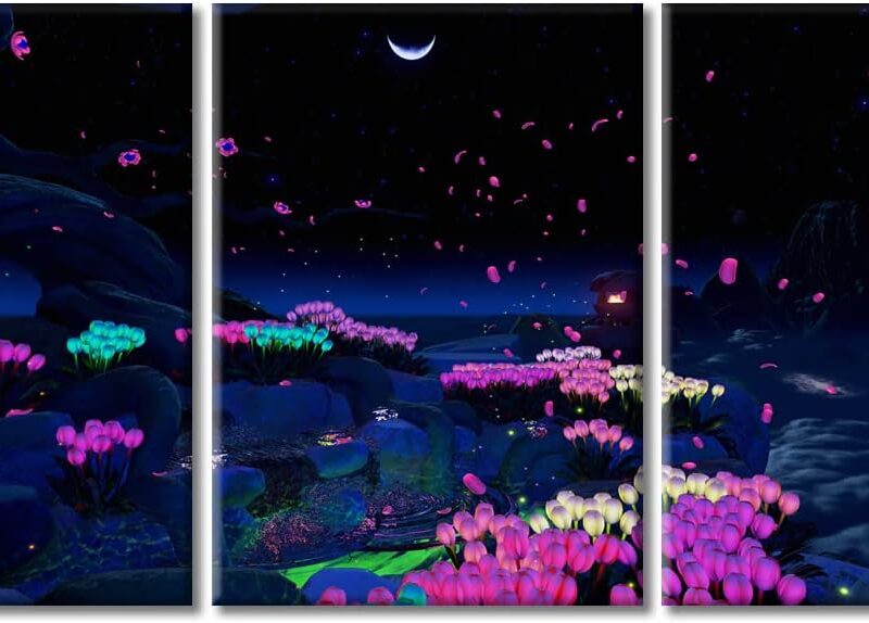 TUMOVO 3 Piece Canvas Wall Art Dreamy Night Pictures with Colorful Fantasy Petal Psychedelic Mushroom Painting Modern Home Decoration Stretched and Framed Ready to Hang, 60" Wx28 H