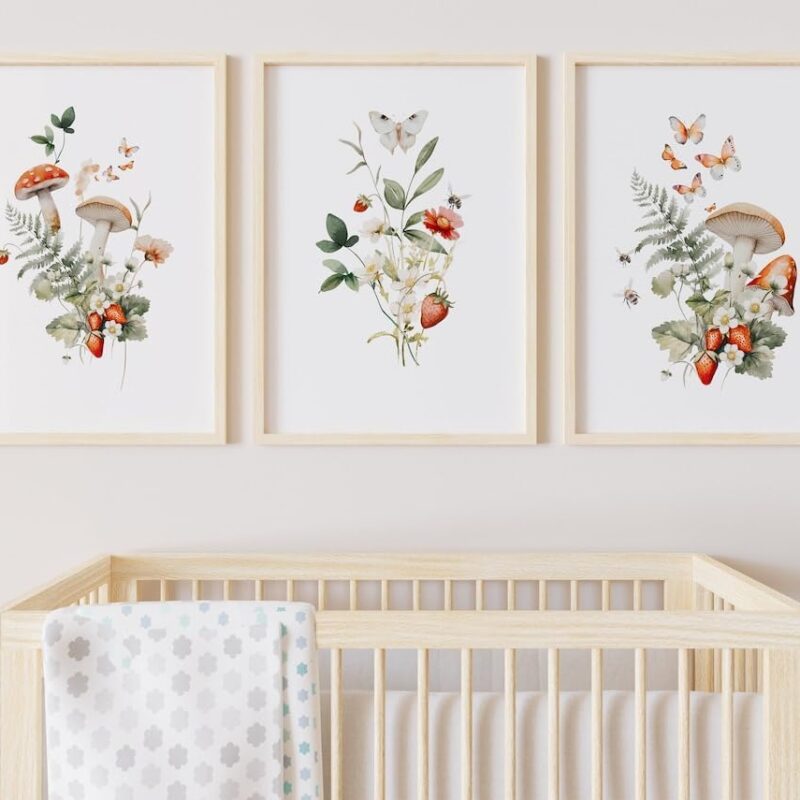NATVVA 3 Pieces Woodland Mushroom Poster Magic Forest Butterfly Prints Wall Art Canvas Painting Artwork for Nursery Mushroom Baby Girl Nursery Decoration with Inner Frame