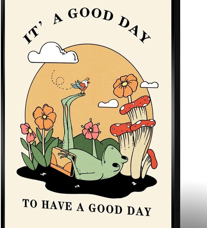 FBKDVC Cute Frog In Flowers Canvas Wall Art Sunset Background Mushroom Poster Funny Bird It A Good Day To Have A Good Day Print Painting Decoration Teen Kids Living Room Bedroom 16x24in Framed
