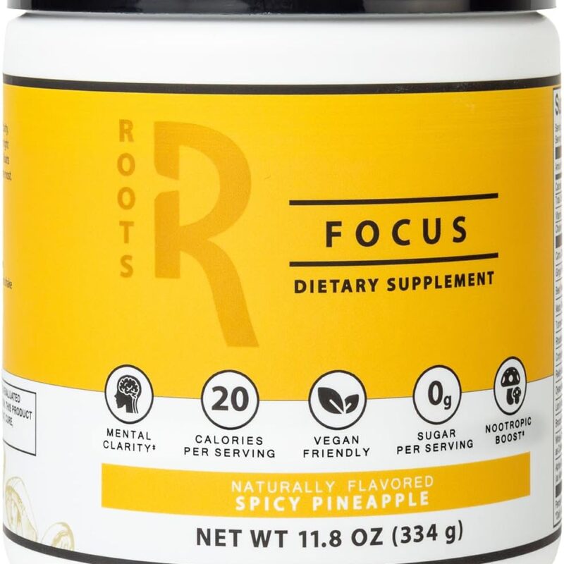 Roots Focus Nootropic Brain Supplement - Spicy Pineapple, Blend of Lion's Mane, Cordyceps, & Reishi Functional Mushrooms + Extended-Release Caffeine, 50 Servings