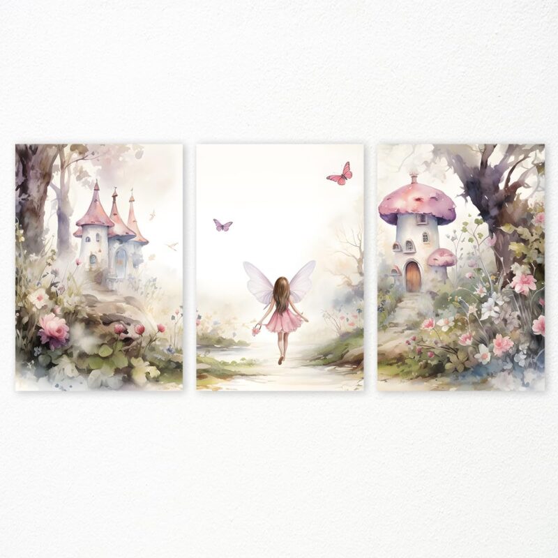 Pink Nursery Canvas Wall Art, Magic Mushroom Castle Poster, Pink Floral Forest Painting, Butterflies Girl Picture for Wall, Nature Botanical Flowers Art Print for Girls Baby Room 24x36in Unframed