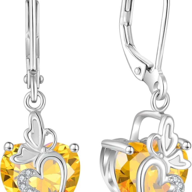 Butterfly Dangle Drop Earrings for Women 925 Sterling Silver Birthstone Earrings Love Heart Leverback Jewelry Gifts for Women Wife Girlfriend Mother Daughter Her