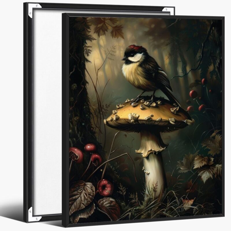 Dark Moody Wall Art Small Bird Perched on a Botanical Mushroom Poster Print Forestcore Dark Academia Room Decor Aesthetic Retro Cottagecore Artwork Painting for Living Room black framed12x16inch
