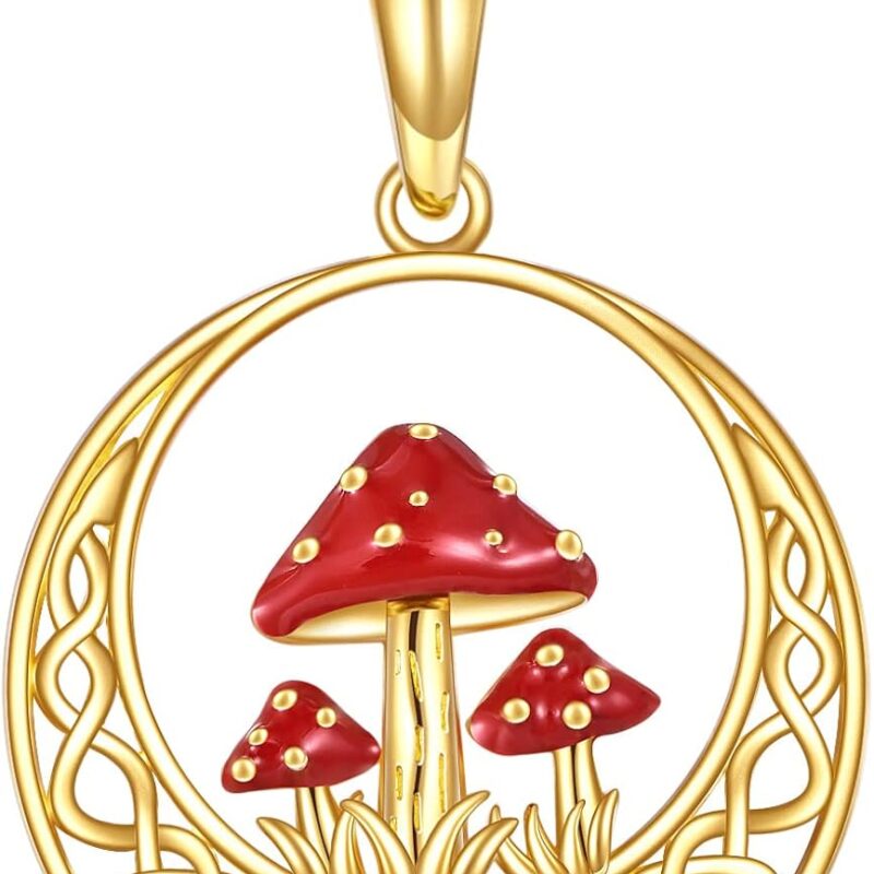 14K Gold Moonstone Mushroom Necklace for Women Celtic Knot Mushroom Pendant Real Gold Jewelry Birthday Gifts for Her Wife Mom Grandma Girlfriend