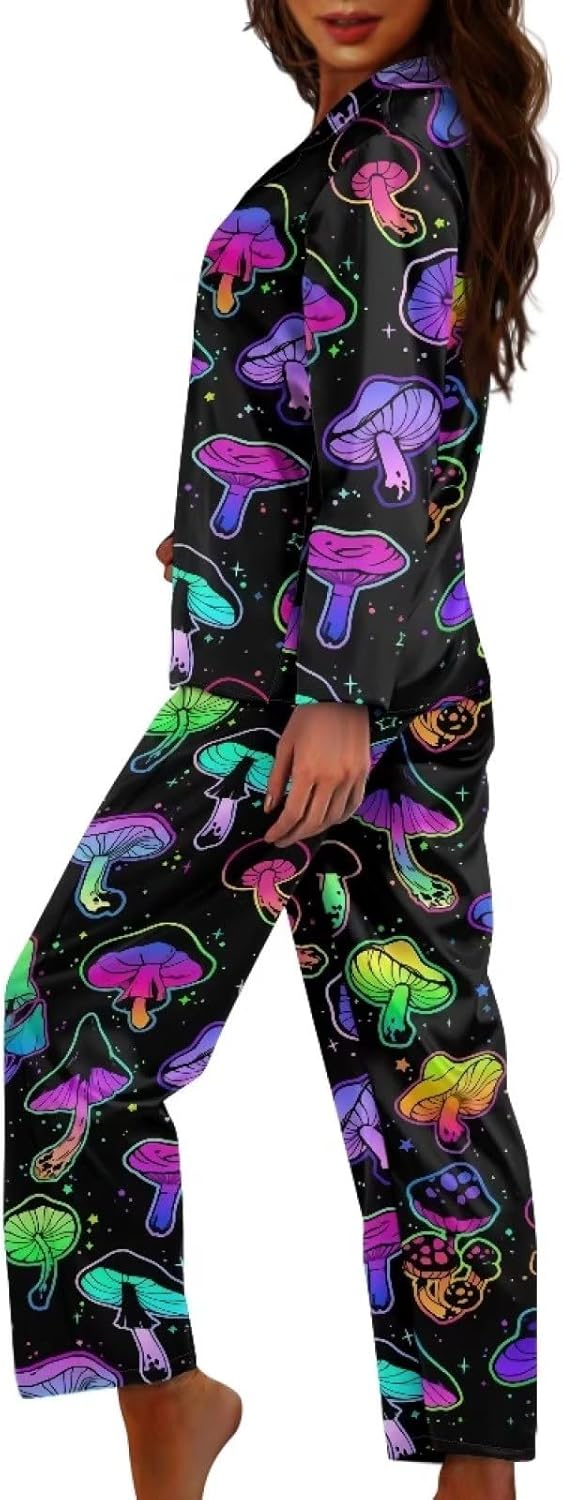 61wzOqrM2bL._AC_SL1500_.jpg Colorful Mushroom Women Button Front Sleepwear 2 Piece Plus Size Long Sleeve Pajamas Casual Stretchy Funny Loungewear with Pockets - Image 3