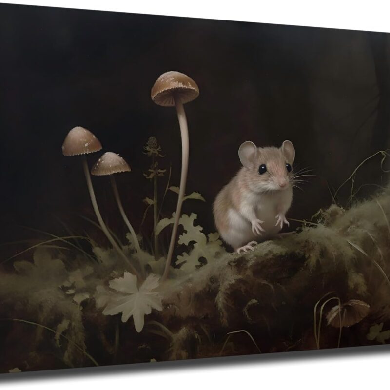 Mouse and Mushrooms Wall Art, Cottagecore Wall Art, Forest Canvas Decor, Moody Wall Art, Dark Cottage Core Art, Wall Art Ready to Hang for Living Room (Framed,24×36 inch)