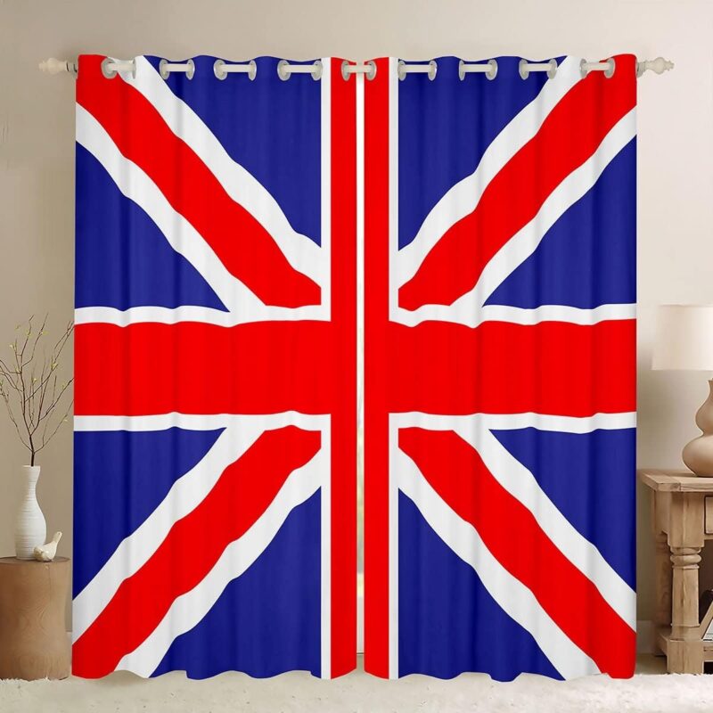 British Flag Curtains, United Kingdom Flag Window Curtains For Kids Boys Teens, Classic Traditional Flag Window Treatments Geometric Stripes Window Drapes 2 Panels Bedroom Decor, Red Blue 52"Wx84"L