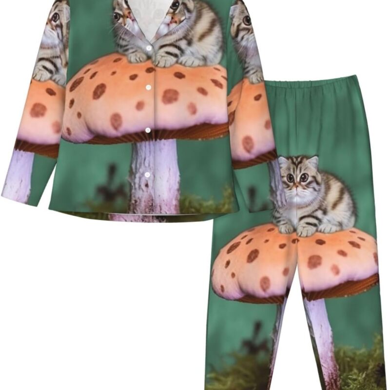 Womens Pajama Set Cat on Mushroom Long Sleeve Pajama for Women Loungewear Soft Ladies Pyjamas 2 Pcs Sleep Pjs Set