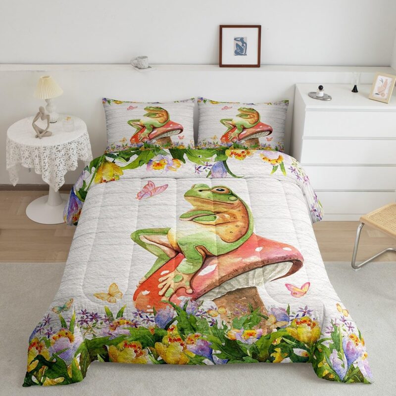 Feelyou Frog Bedding Set Kids Kawaii Comforter Set Frog Mushrooms Comforter Cover Set for Boys Room Botanica Cute Mushroom Decor Green Red Duvet Set Twin Size 2Pcs Quilt Set with 1 Pillow Case