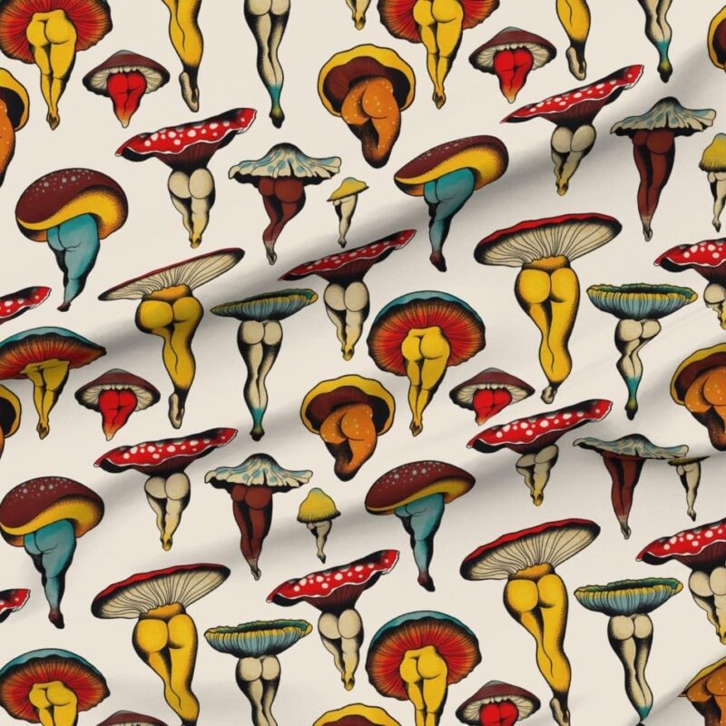 Spoonflower Fabric - Buttshroom Retro Colorful Mushrooms with Butts Kitchsy Vintage Printed on Performance Velvet Fabric by The Yard - Durable Upholstery Home Decor Accessories
