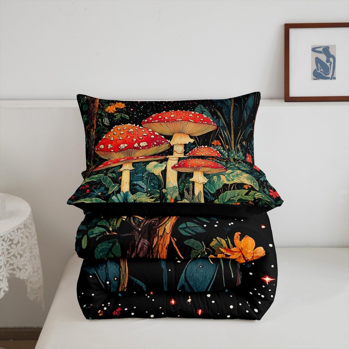 71-iM1Nfq1L._AC_SL1200_.jpg Feelyou Cartoon Mushrooms Bedding Set,for Kids Boys Girls,Full Size,Botanical Theme Comforter Set Ultra Soft Natural Wild Fungus Comforter,Red Mushroom Duvet Quilt Bedroom Decor,Star Print Quilt - Image 5