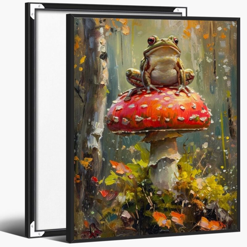Frog On Mushroom Wall Art Print Fun Animal Posters Whimsical Woodland Cottagecore for Farmhouse Bedroom Living Room Decor Aesthetic black framed24x32inch