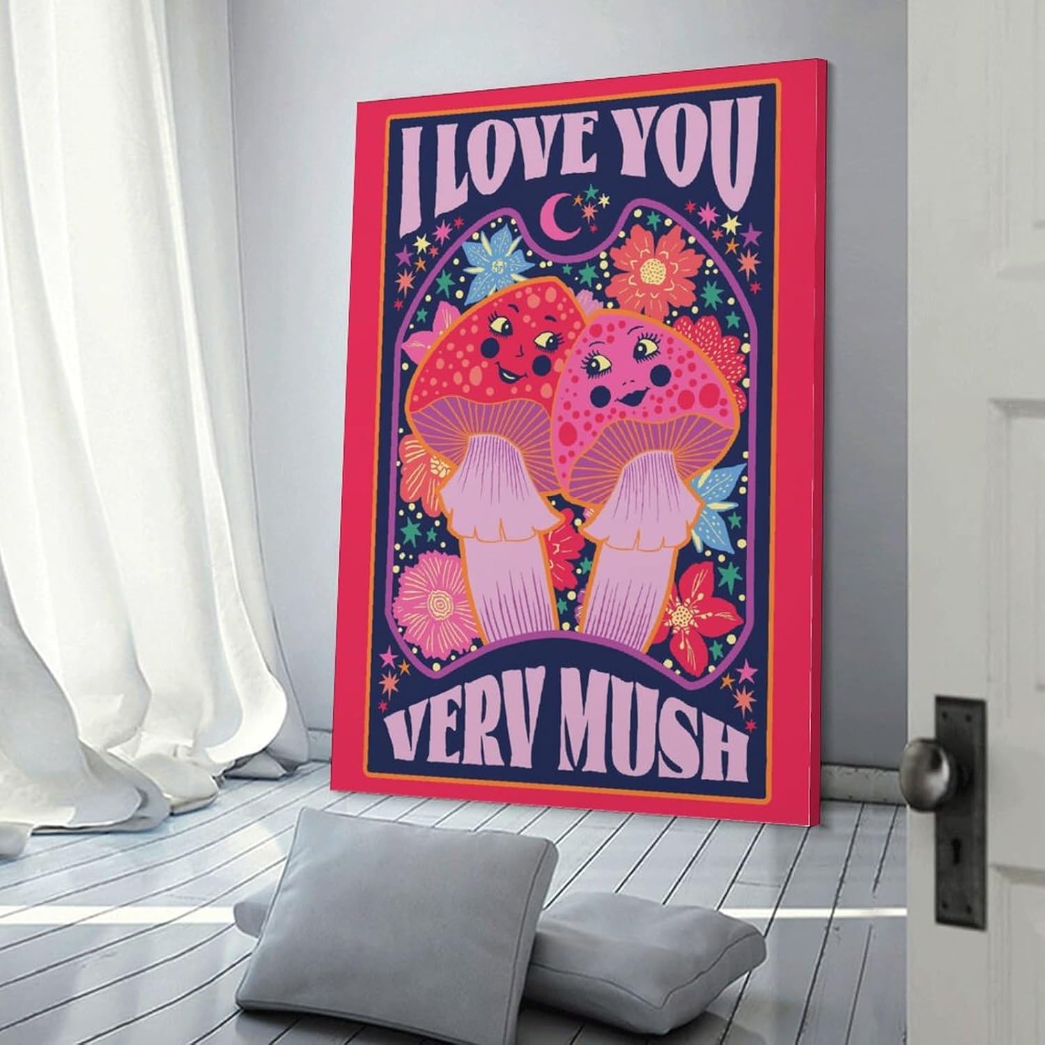 7106xUXwBFL._AC_SL1500_.jpg Iisrar I Love You Very Mush Print - Mushroom Valentines - Anniversary - Friendship Canvas Wall Art Print Poster For Home School Office Decor Frame 16x24inch(40x60cm) - Image 2