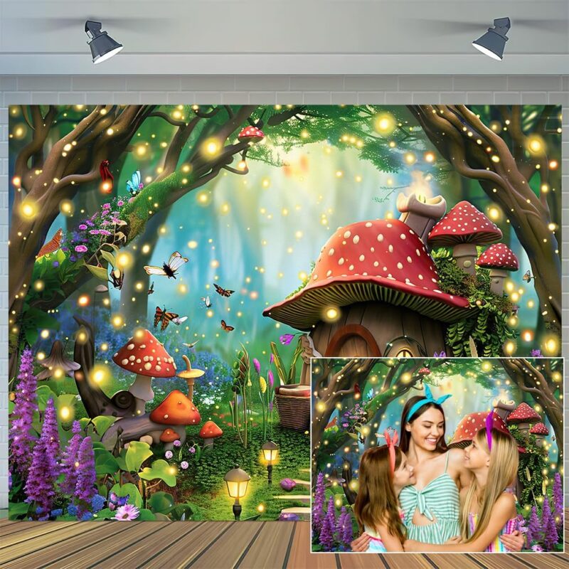 Enchanted Fairytale Forest Backdrop, 20 x 10 ft Mushroom Forest Background Kids Magic Forest Jungel Woodland Photography Backdrop Banner for Baby Shower Birthday Party Photo Props Decor