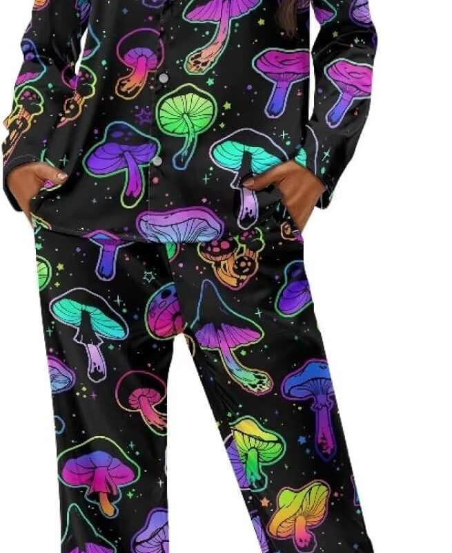 Colorful Mushroom Women Button Front Sleepwear 2 Piece Plus Size Long Sleeve Pajamas Casual Stretchy Funny Loungewear with Pockets