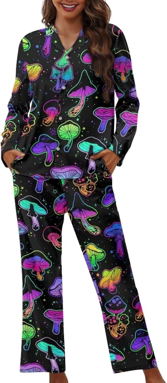 710xqL6pw3L._AC_SL1500_.jpg Colorful Mushroom Women Button Front Sleepwear 2 Piece Plus Size Long Sleeve Pajamas Casual Stretchy Funny Loungewear with Pockets