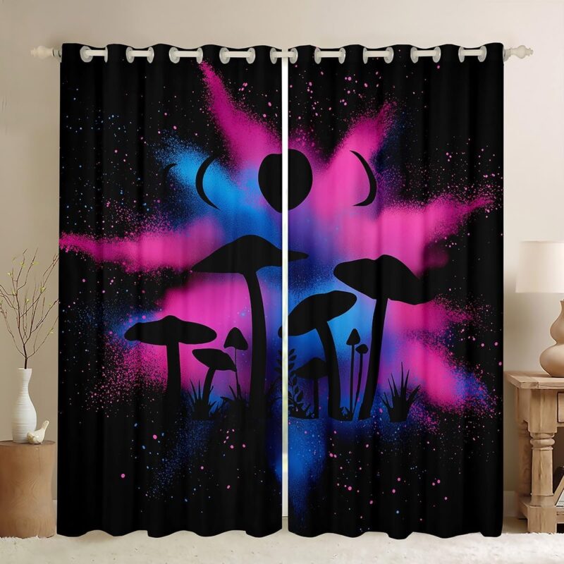 Mushroom Silhouette Window Curtains Teens Adult Women,Colorful Tie-dye Curtains for Bedroom,Bohemian Draperies for Living Room,Fungus Plant Window Treatment Curtains Set of 2 Panels,52Wx63L