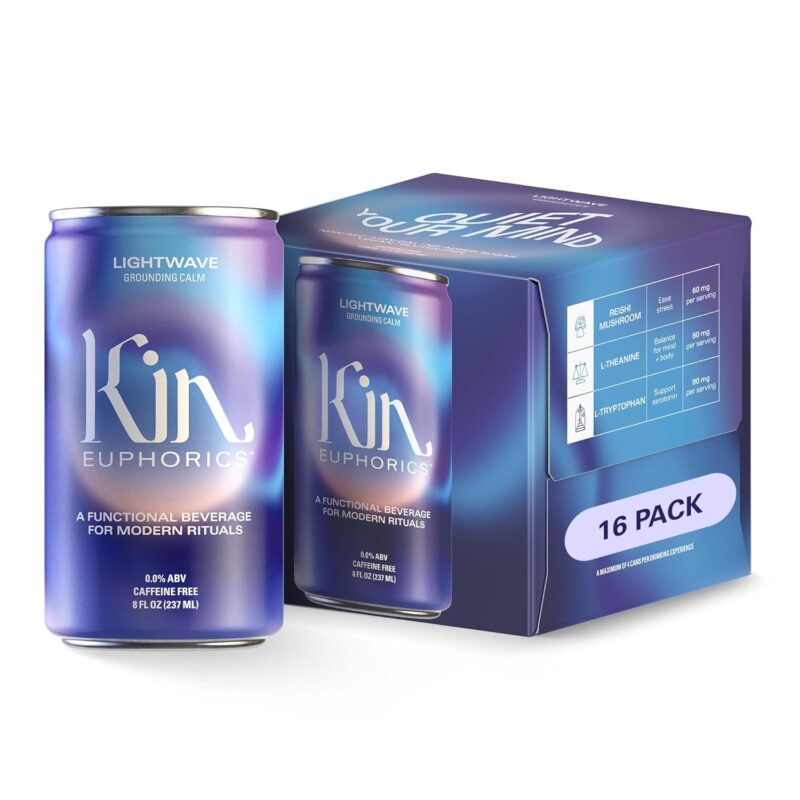 Kin Euphorics Lightwave Non-Alcoholic Functional Beverage | Calm the Mind & Mellow the Mood | Adaptogens, Nootropics, Reishi Mushroom & L-Theanine | Lavender-Vanilla, Smoked Sea Salt & Passionflower | 8 Fl Oz (16pk)