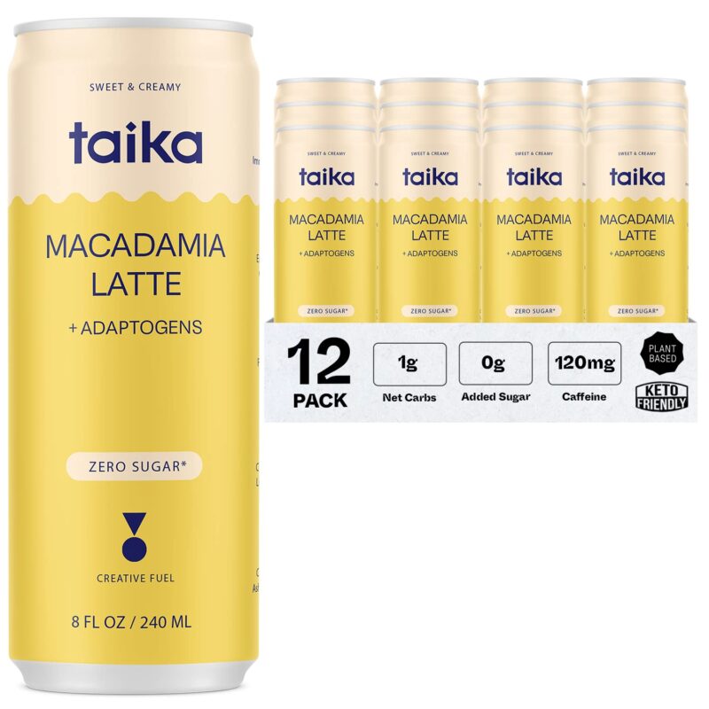 Taika Macadamia Latte - Creamy Mushroom Coffee w/Ashwagandha, Lions Mane, & L-Theanine - Ready to Drink Coffee in Cans - (Macadamia Latte, 8 Fl Oz (Pack of 12))