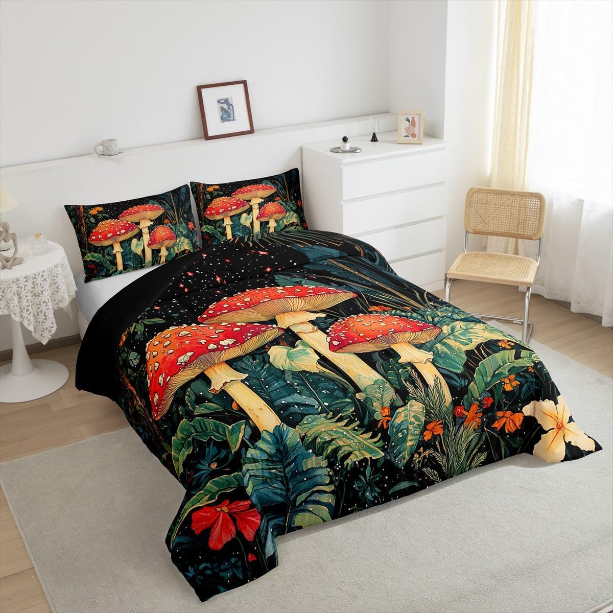 711l3sRAvL._AC_SL1200_.jpg Feelyou Cartoon Mushrooms Bedding Set,for Kids Boys Girls,Full Size,Botanical Theme Comforter Set Ultra Soft Natural Wild Fungus Comforter,Red Mushroom Duvet Quilt Bedroom Decor,Star Print Quilt - Image 4