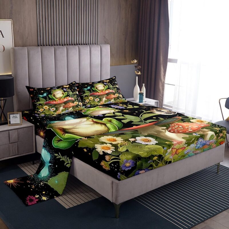 Erosebridal Mushroom Bed Sheets Set Funny Frog Sheet Set Queen,Boho Moon Stars Sheets Aesthetic Floral Butterfly Top Sheet,Rustic Animal Cottagecore Decor