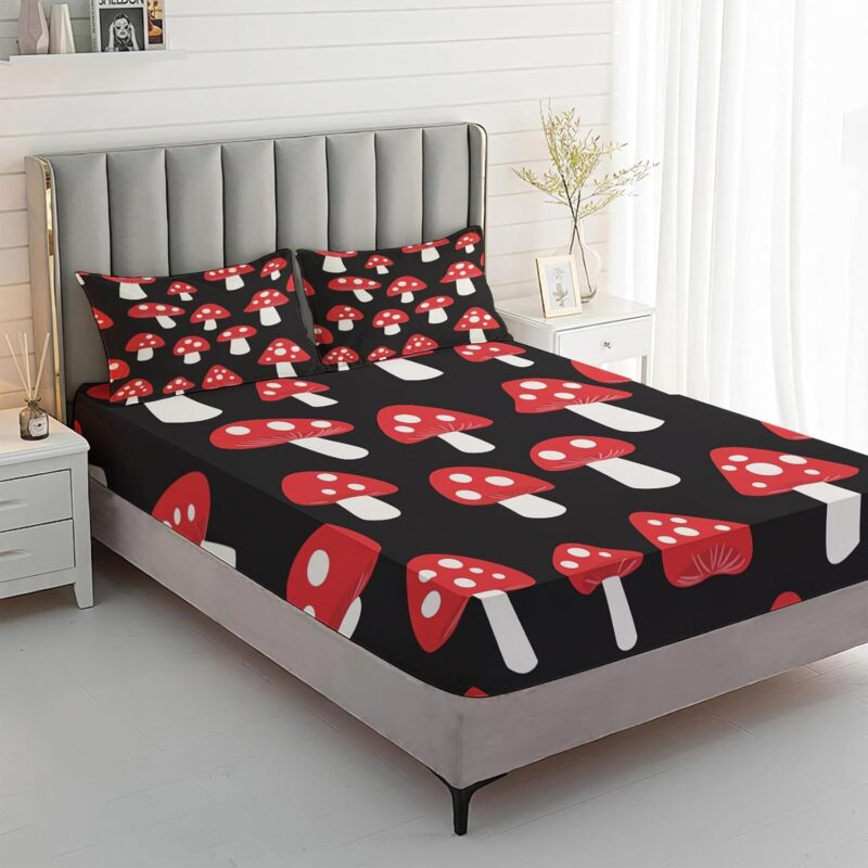 Cute Mushroom Sheet Set King Size, Kawaii Fungus Bed Sheets, Cartoon Mushroom Aesthetic Bedding 4 Piece for Bedroom Decor - 12 Inch Deep Pocket, Super Soft Microfiber & Wrinkle Free