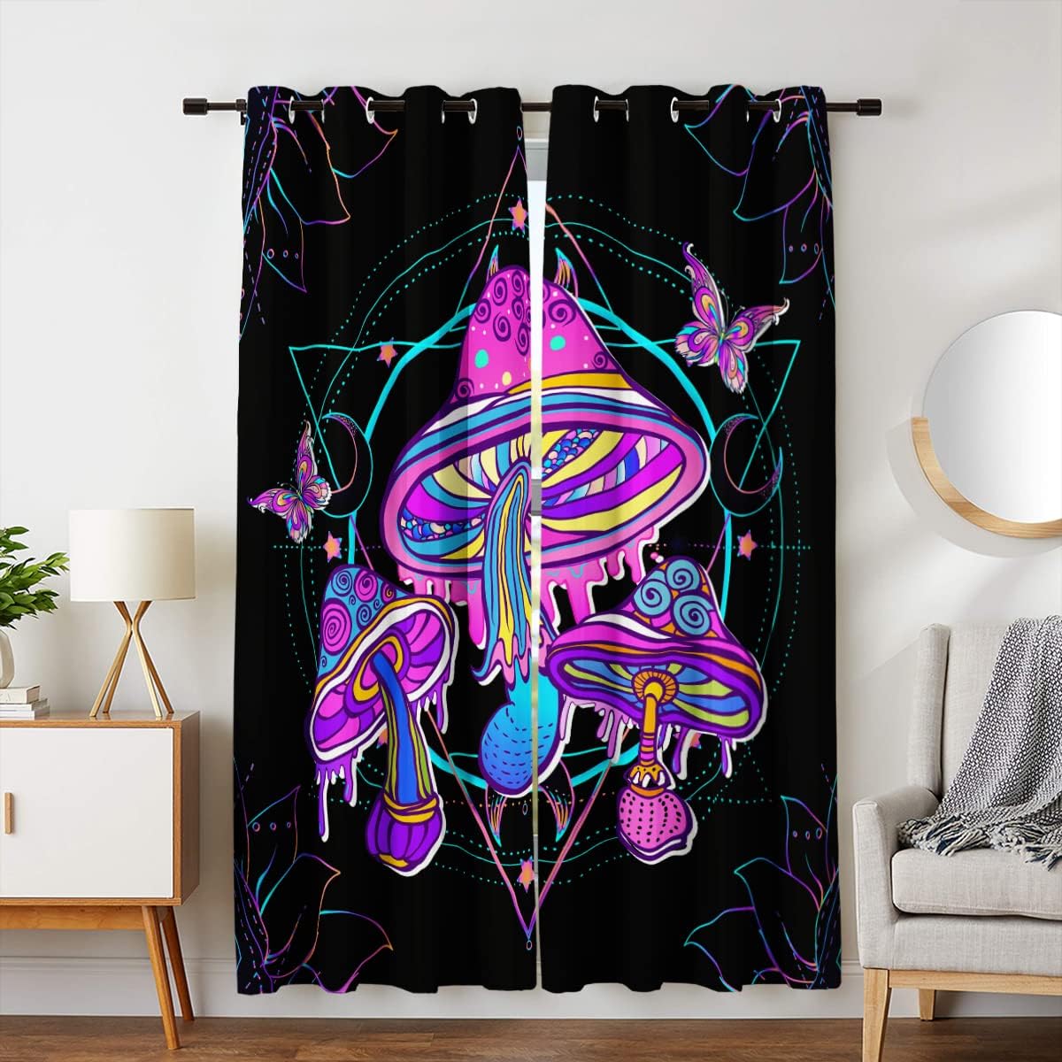 712eHlNpNRL._AC_SL1200_.jpg HOSIMA Magic Mushroom Curtains - 2 Panel Mandala Floral Butterfly Curtains for Living Room, Teen Girls' Trendy Room Decor, Black, 52W x 84H Inch - Image 2