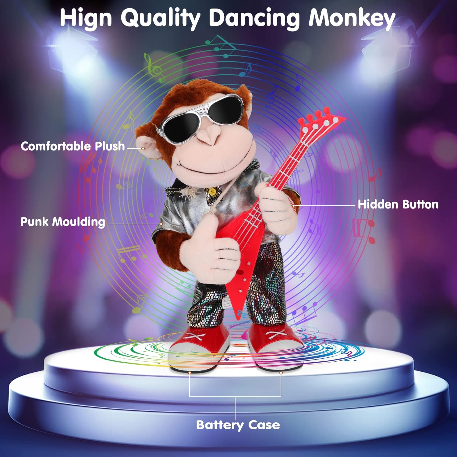 7131jKPpXeL._AC_SL1500_.jpg Dancing Monkey Plush Toy, Stuffed Toys, Dancing Singing, Body Shaking, and Guitar Shaking, Punk Molding, One Button Control, Children's Education Toys, Musical Intelligence Development - Image 3