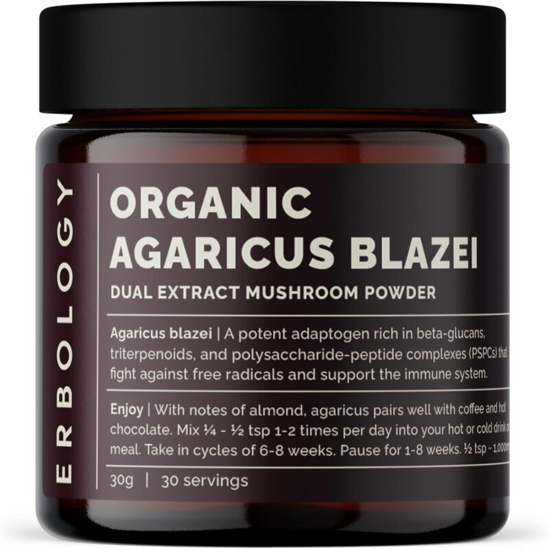 Erbology Organic Agaricus Blazei Dual Extract Powder 30 Servings - 23% Beta-glucans - Immunity and Heart - Small Batch - Sustainably Grown in Europe - Vegan - Non-GMO - No Added Fillers