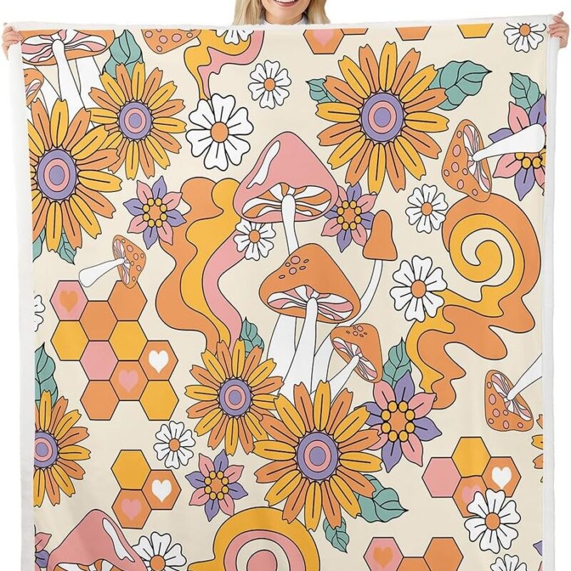 Feelyou Retro Hippie Flower Fleece Throw Blanket Queen 90"x90" Cute Mushroom Sherpa Blanket for Bed Sofa Couch Boys Teens Honeycomb 60S 70S Groovy Floral Geometric Plush Blanket Orange Fuzzy Blanket