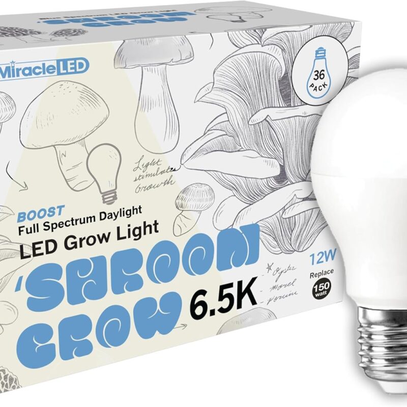Miracle LED Shroom Grow Indoor LED Grow Bulbs for Oyster, Shiitake, Lions Mane Mushrooms ect. with 6.5K Full Spectrum Replace 100W LED Grow Bulbs (36-Pack)