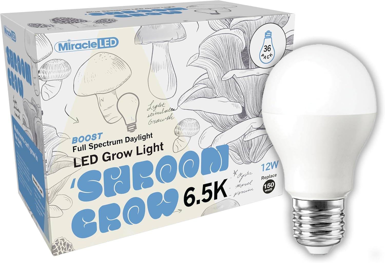 7158sLtewqL._AC_SL1500_.jpg Miracle LED Shroom Grow Indoor LED Grow Bulbs for Oyster, Shiitake, Lions Mane Mushrooms ect. with 6.5K Full Spectrum Replace 100W LED Grow Bulbs (36-Pack)