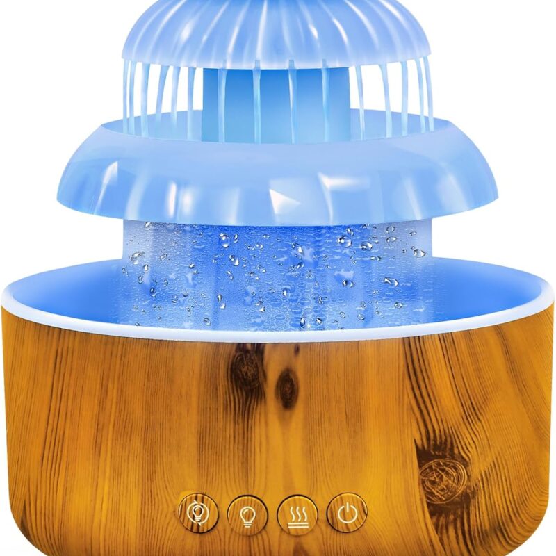 Humidifier for Bedroom, Water Flowing Cool Mist Humidifier, Waterfall Air with Rain Sounds Sleeping, 8 Colors led Light Up to10 Hours, Cloud Baby Woman, Home, Office
