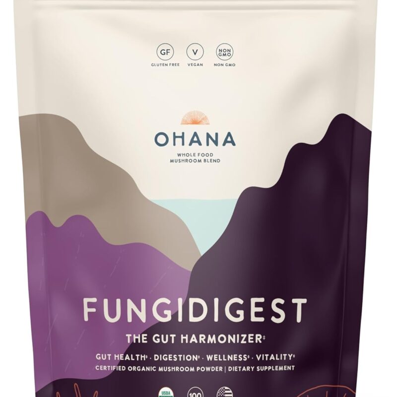 Ohana FungiDigest, USDA-Organic Whole Food Mushroom Powder, USA-Grown Mushrooms Blend, Gut Health, Non-GMO, Gluten-Free, 200 gm Bag, Pack of 1