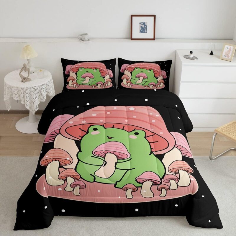 Feelyou Cartoon Mushroom Frog Bedding Set Cute Frog Comforter Set for Kids Boys Girls Natural Wild Fungus Comforter Pink Mushroom Inner Fill Duvet Set 1 Comforter Set with 1 Pillowcase Twin Size