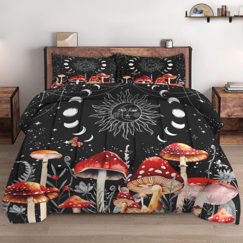 Full Size Comforter Set with 2 Pillowcases, Sun Moon Boho Mushroom 3 Pcs Bedding for Kids and Adults, Astrology Tarot Witch Soft Comforter Set for Bedroom Bed Decor