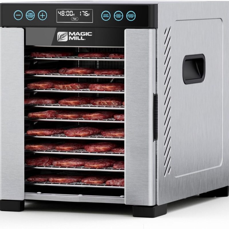 716-VDfvouL._AC_SL1500_.jpg Magic Mill Pro Food Dehydrator Machine | 10 Stainless Steel Trays | Dryer for Jerky, Dog Treats, Herb, Meat, Beef, Fruit | Keep Warm Function, Digital Timer and Temperature Control, ETL Approved