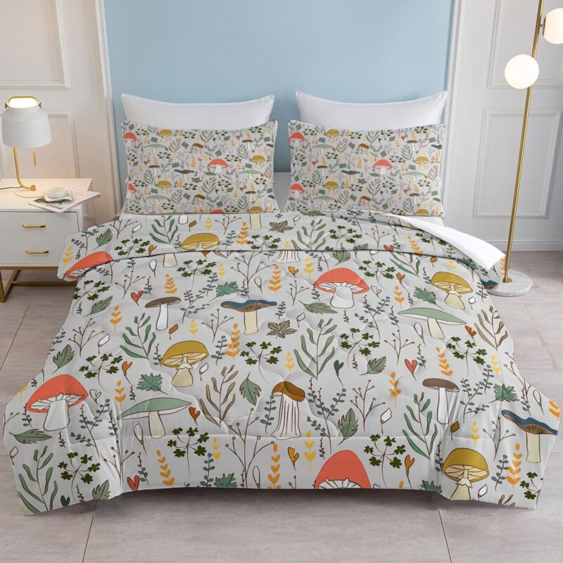SOULZZZ 3 Piece Twin Size Mushroom Bedding Set for Girls- Comfy Breathable Mushroom Comforter - Luxury Plant Green Leaf Mushroom Twin Bed Set for Women