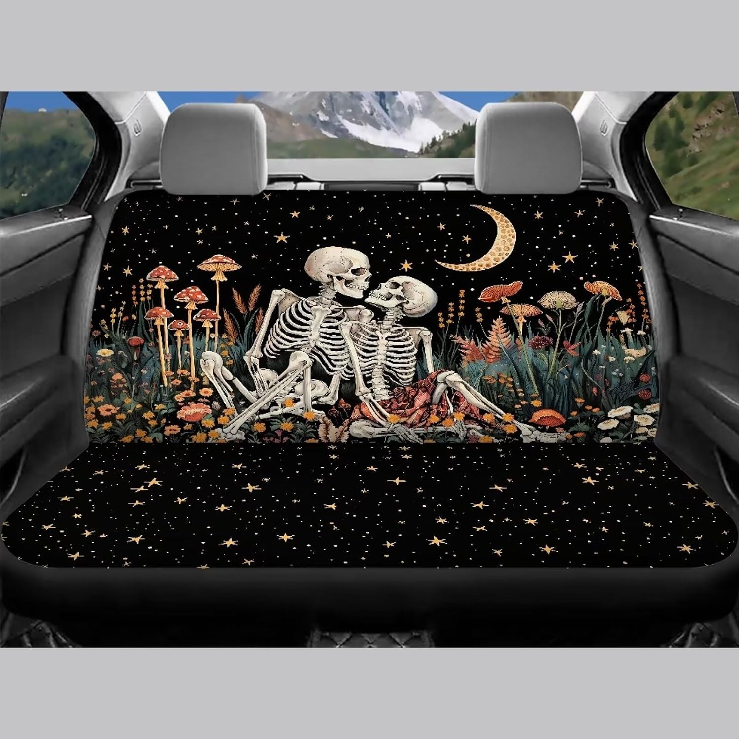 716I9f2iEOL._AC_SL1500_.jpg Skull Mushroom Print Car Seat Cover Full Set of 4, Moon Star Print Universal Front and Rear Bench Back Seat Cover for Cars Truck SUV, All Weather Protector, Auto Interior Accessories - Image 3