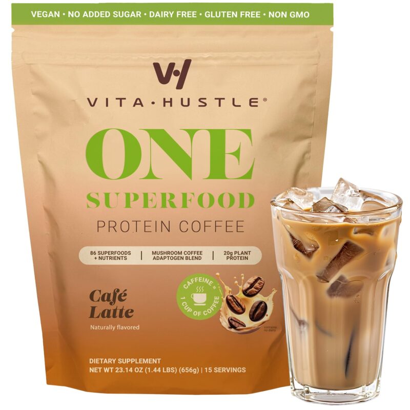 VitaHustle ONE Protein Coffee - Superfood Meal Replacement Powder, Plant Based Protein Shake Powder, Vegan. Superfoods, Vitamins, Ashwagandha, Functional Mushroom Blend (Cafe Latte) 15 Servings