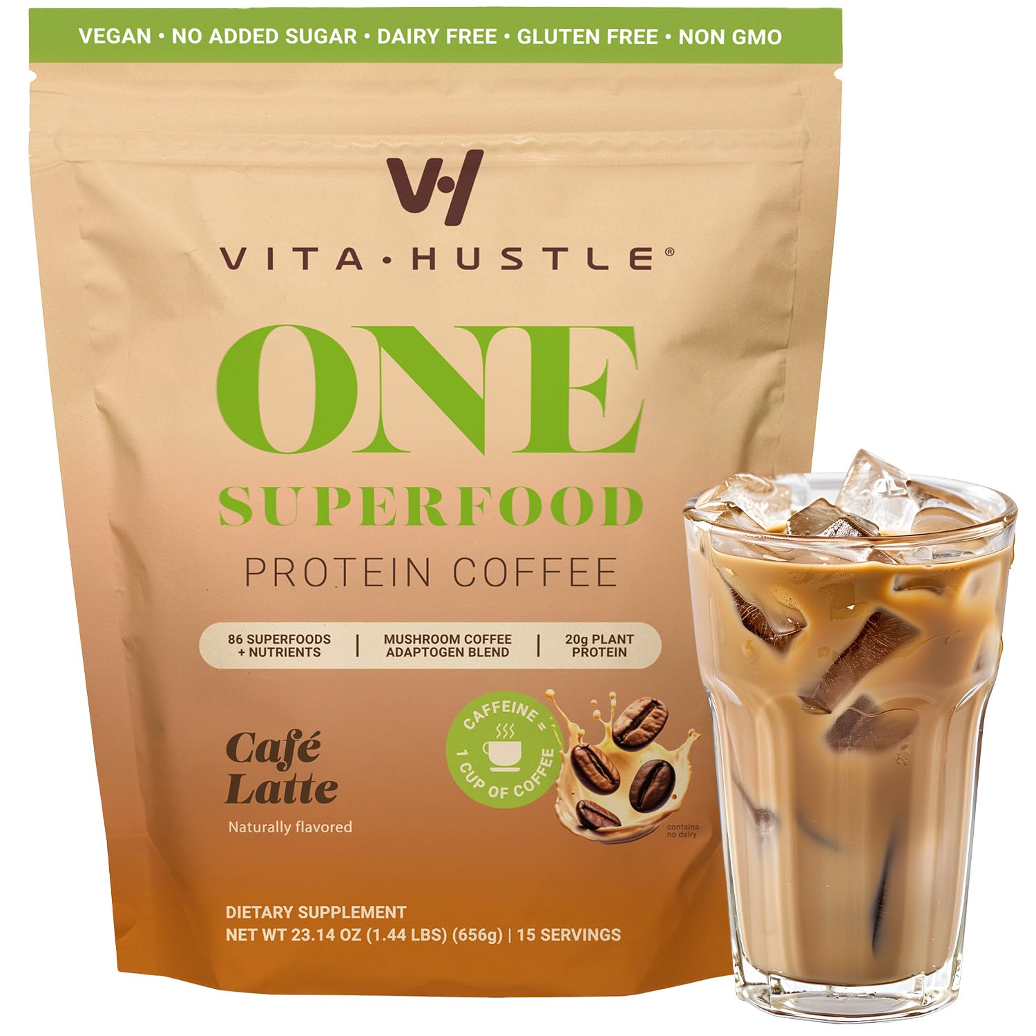 716RGWXPU7L._SL1500_.jpg VitaHustle ONE Protein Coffee - Superfood Meal Replacement Powder, Plant Based Protein Shake Powder, Vegan. Superfoods, Vitamins, Ashwagandha, Functional Mushroom Blend (Cafe Latte) 15 Servings