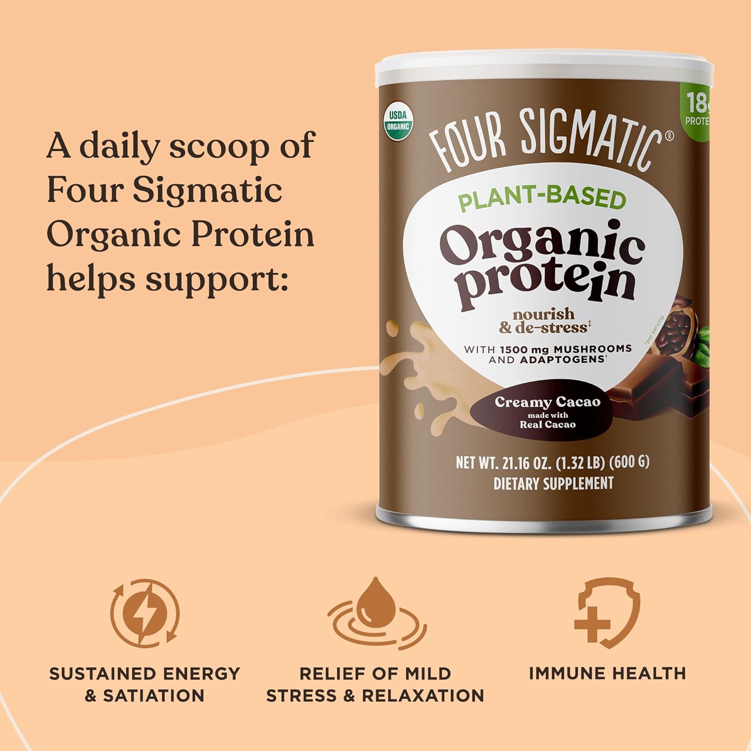 716RgGJV2AL._AC_SL1500_.jpg Four Sigmatic Organic Plant-Based Protein Powder with Lion’s Mane, Chaga, Cordyceps and More | Clean Vegan Protein Elevated for Brain Function and Immune Support | Peanut Butter and Creamy Cacao Flavors | 21.16 oz Each - Image 6