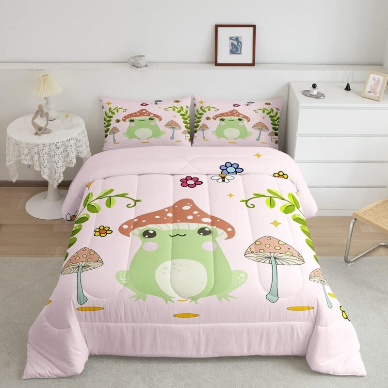 Feelyou Cute Frog Duvet Set Mushroom Bedding Set for Kids Boys Girls Natural Wild Fungus Comforter Set Botanical Plants Comforter 1 Comforter Set with 1 Pillowcase Twin Size