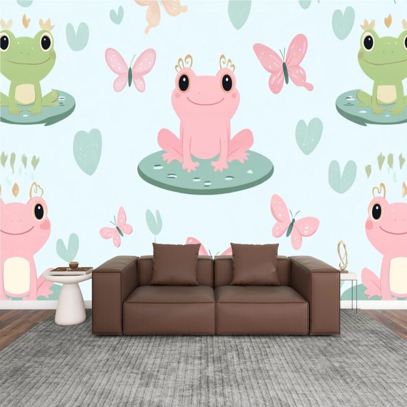 Modern Wallpaper Murals 3D Cute Pink Frogs Seamless Funny Green Frog Characters Texture Lilypads Peel and Stick Removable Self-Adhesive PVC Wall Stickers for Living Room Boys Girls Bedroom