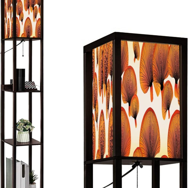 Floor Lamp with Shelves Abstract Pattern Bottom Mushroom is Orange Standing Tall Lamp USB Ports & Power Outlet Modern Corner Lamp Nightstand Light for Living Room Bedroom