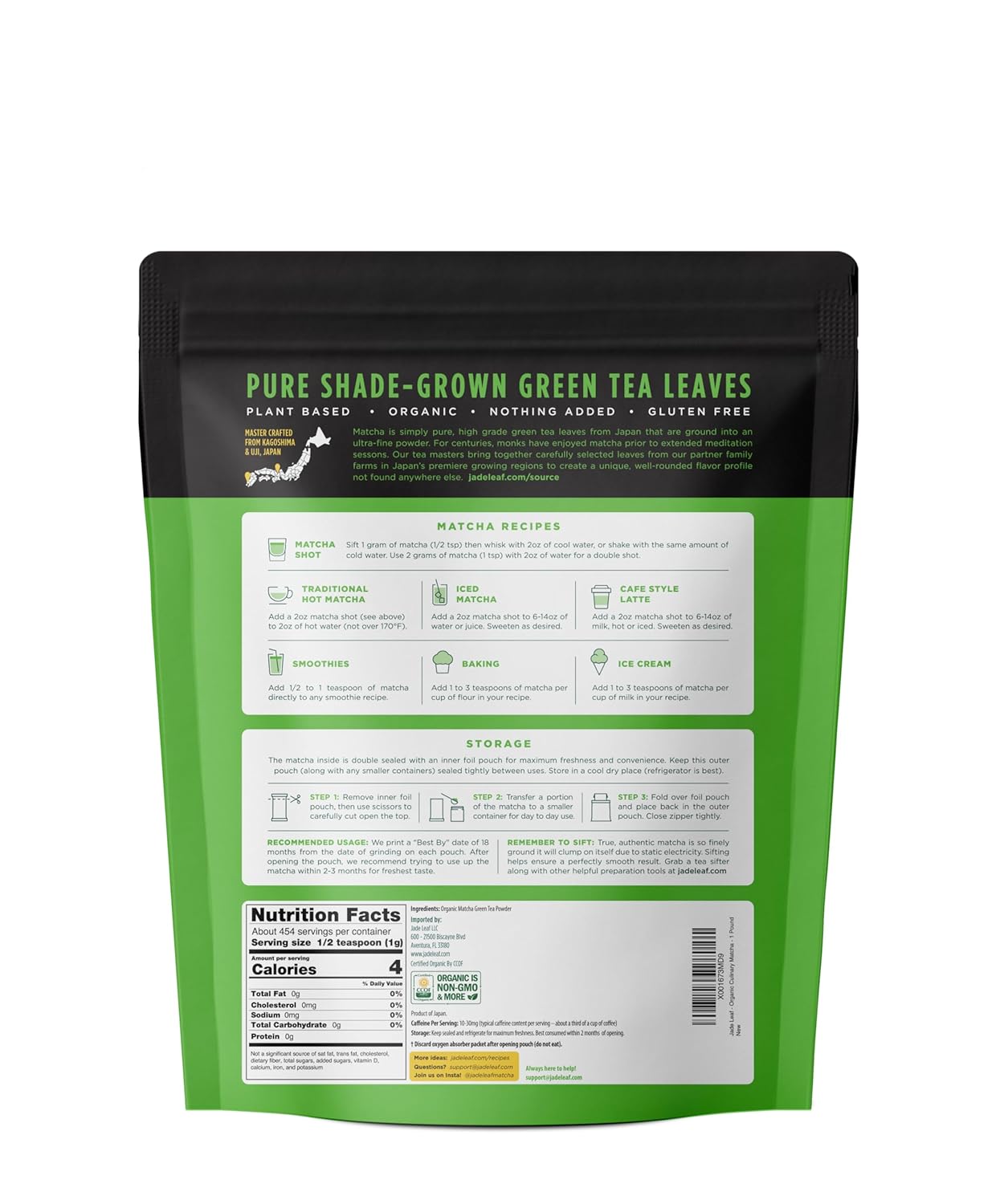 716wT4pUziL._SL1500_.jpg Jade Leaf Matcha Organic Culinary Grade Green Tea Powder - Farm Direct Second Harvest for Blending and Cooking - Authentic Japanese Origin (1 Pound Bulk Resealble Pouch) - Image 2