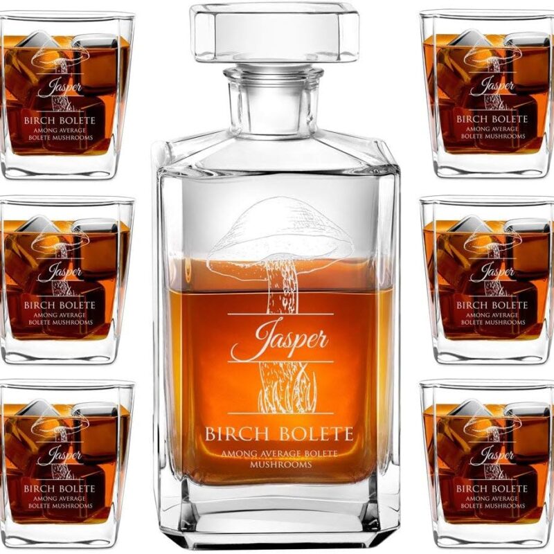 Maverton Whiskey Set with 6 Glasses for man - Personalized Tumblers - 23 fl oz. Universal Carafe - For Birthday - For him - Stylish Barware for gentleman - Mushroom