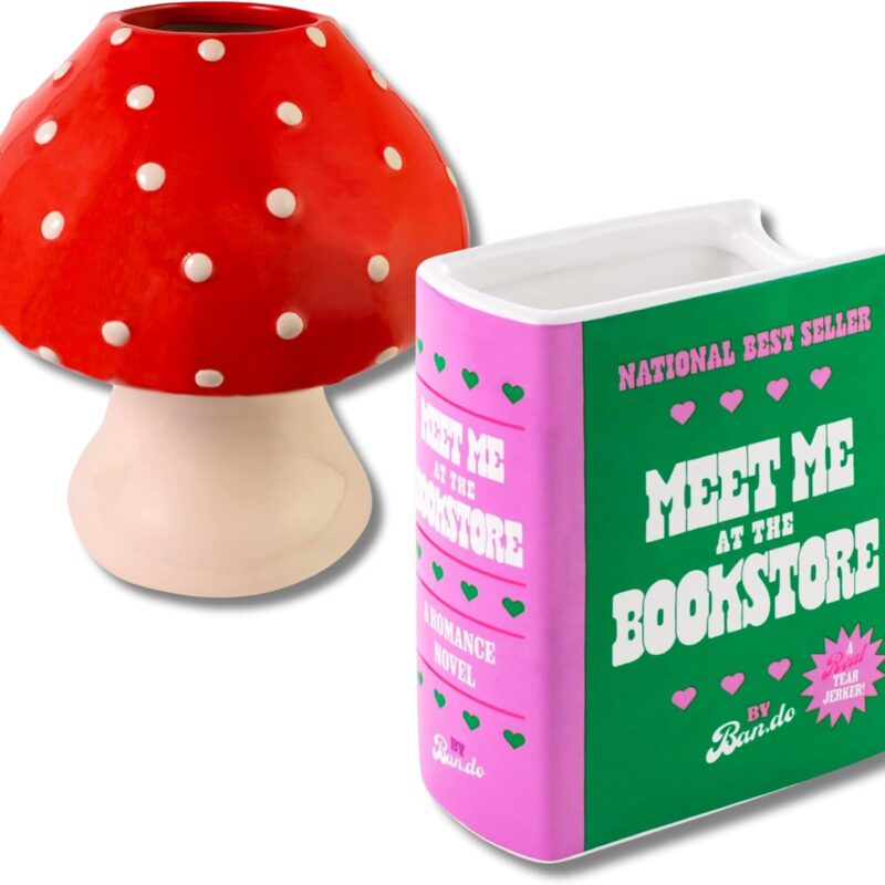 ban.do Trendy Decorative Ceramic Mushroom Vase Bundle with Book Shaped Ceramic Vase, Meet Me at The Bookstore