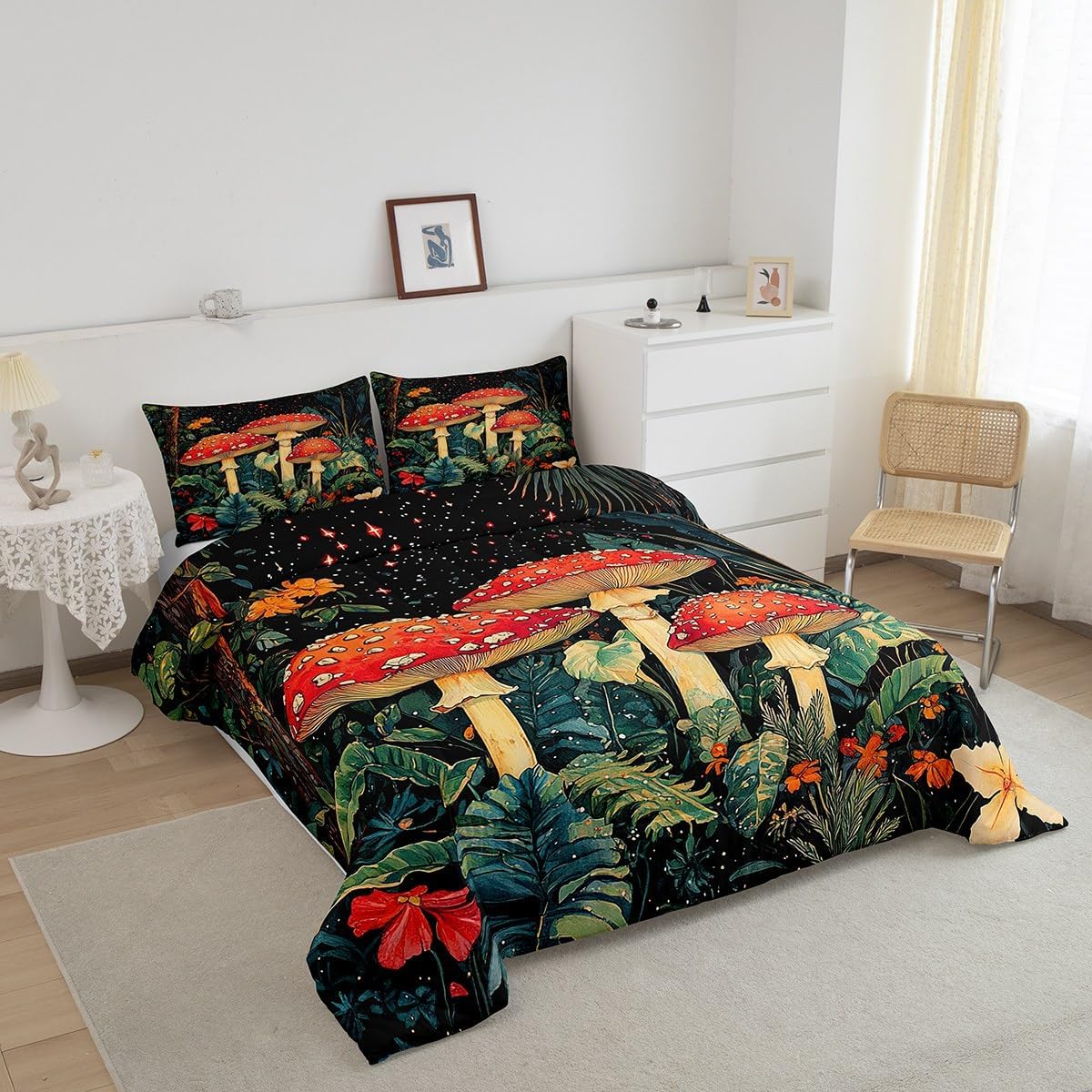 718Hx8zOoL._AC_SL1200_.jpg Feelyou Cartoon Mushrooms Bedding Set,for Kids Boys Girls,Full Size,Botanical Theme Comforter Set Ultra Soft Natural Wild Fungus Comforter,Red Mushroom Duvet Quilt Bedroom Decor,Star Print Quilt - Image 2
