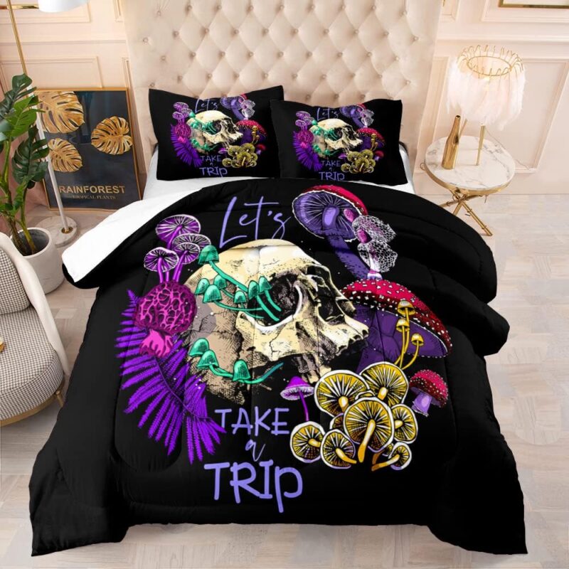 Suncloris Gothic Skull Comforter Set, Trippy Mushroom Floral Skull Skeleton Bedding Bedspread for Kids and Adults, Psychedelic Skeleton Mushroom Quilt Bedroom Decor with 2 Pillow Cases (01, Queen)
